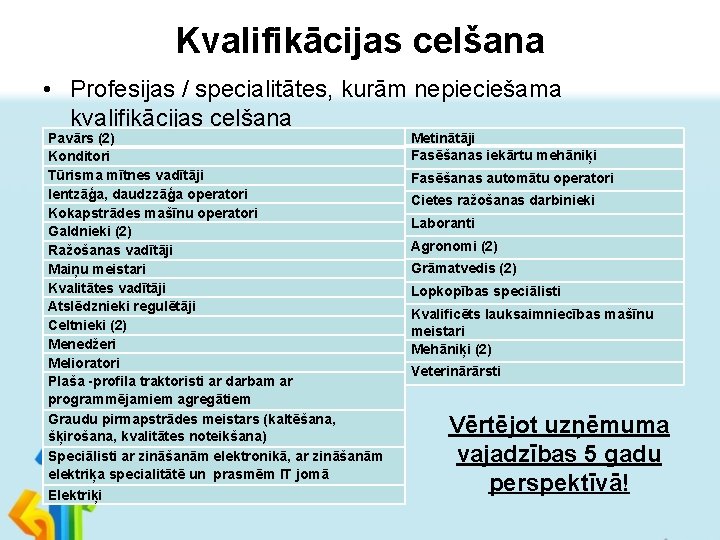 Kvalifikācijas celšana • Profesijas / specialitātes, kurām nepieciešama kvalifikācijas celšana Pavārs (2) Konditori Tūrisma