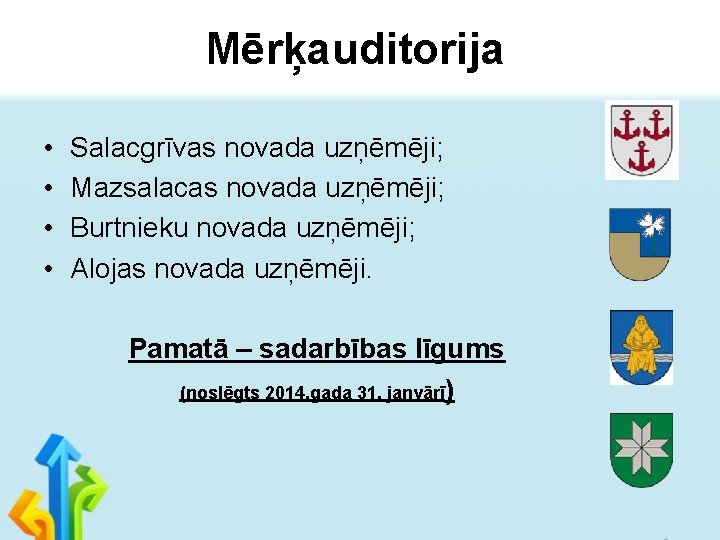Mērķauditorija • • Salacgrīvas novada uzņēmēji; Mazsalacas novada uzņēmēji; Burtnieku novada uzņēmēji; Alojas novada