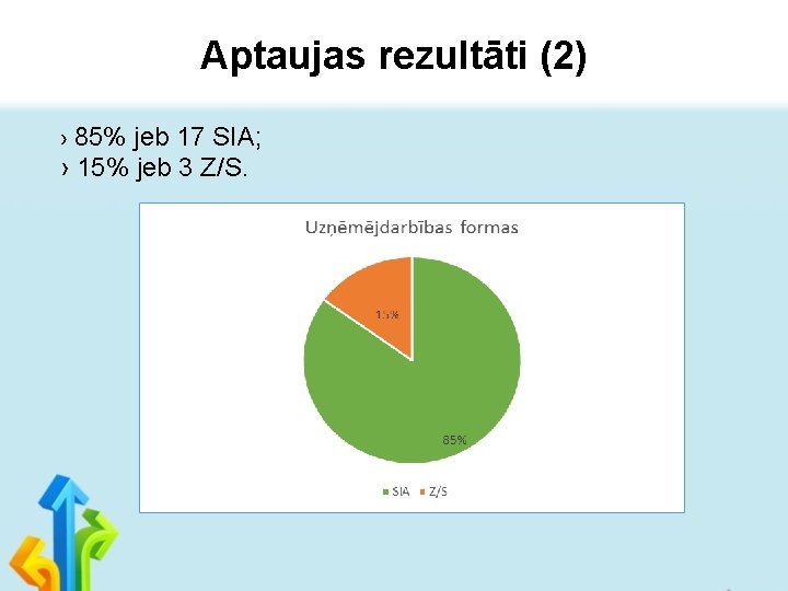 Aptaujas rezultāti (2) › 85% jeb 17 SIA; › 15% jeb 3 Z/S. 