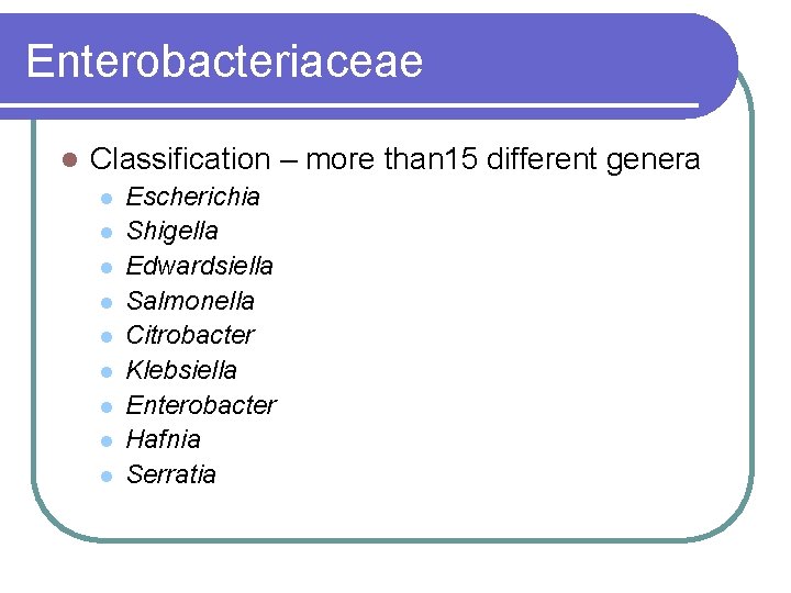 Enterobacteriaceae l Classification – more than 15 different genera l l l l l