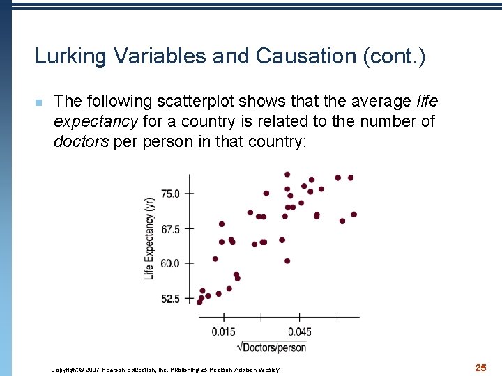 Lurking Variables and Causation (cont. ) n The following scatterplot shows that the average