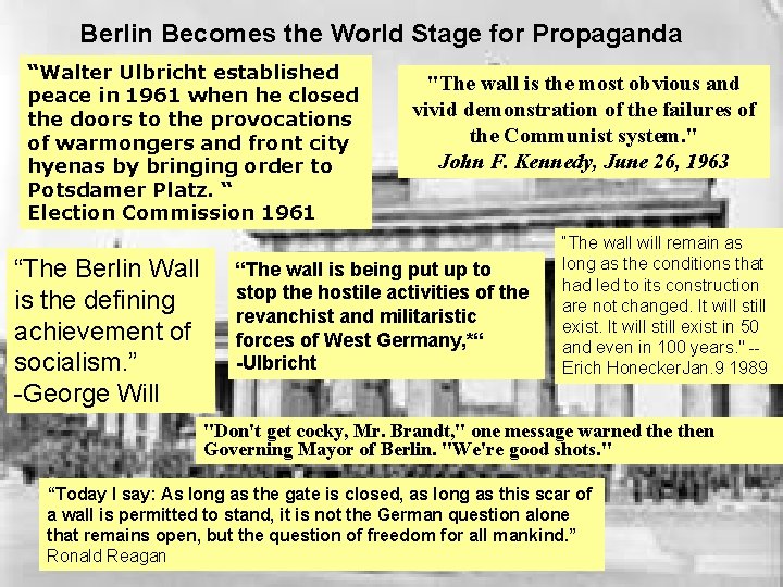 Berlin Becomes the World Stage for Propaganda “Walter Ulbricht established peace in 1961 when
