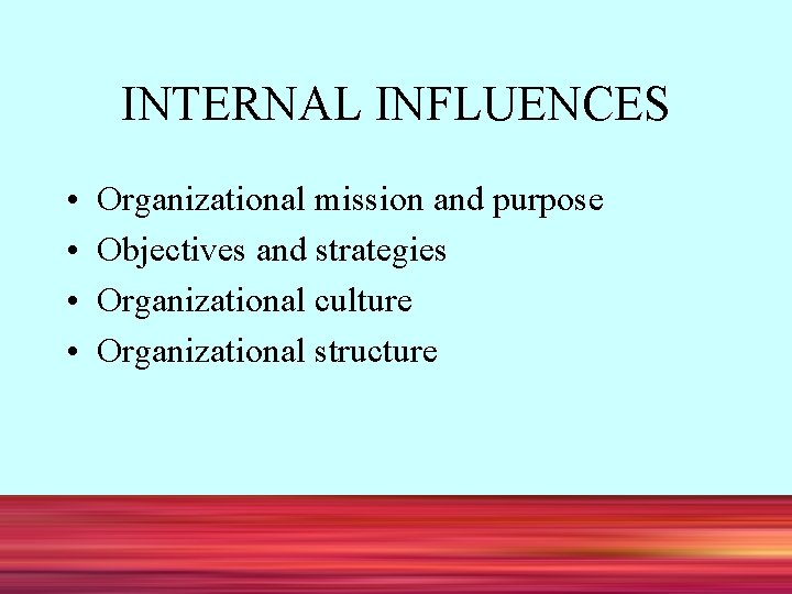 INTERNAL INFLUENCES • • Organizational mission and purpose Objectives and strategies Organizational culture Organizational