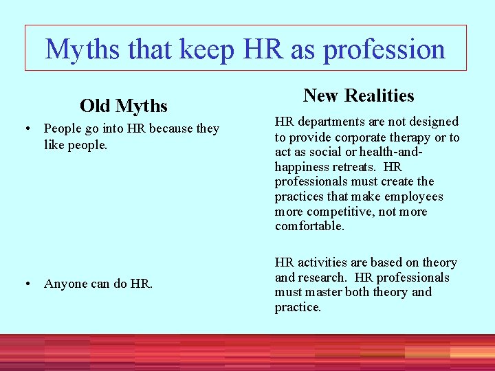 Myths that keep HR as profession Old Myths • People go into HR because