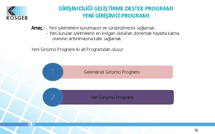 GİRİŞİMCİLİĞİ GELİŞTİRME DESTEK PROGRAMI YENİ GİRİŞİMCİ PROGRAMI Amaç : - Yeni işletmelerin kurulmasını ve