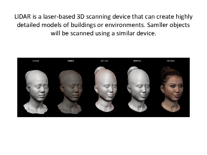 LIDAR is a laser-based 3 D scanning device that can create highly detailed models