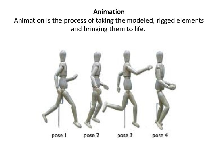 Animation is the process of taking the modeled, rigged elements and bringing them to