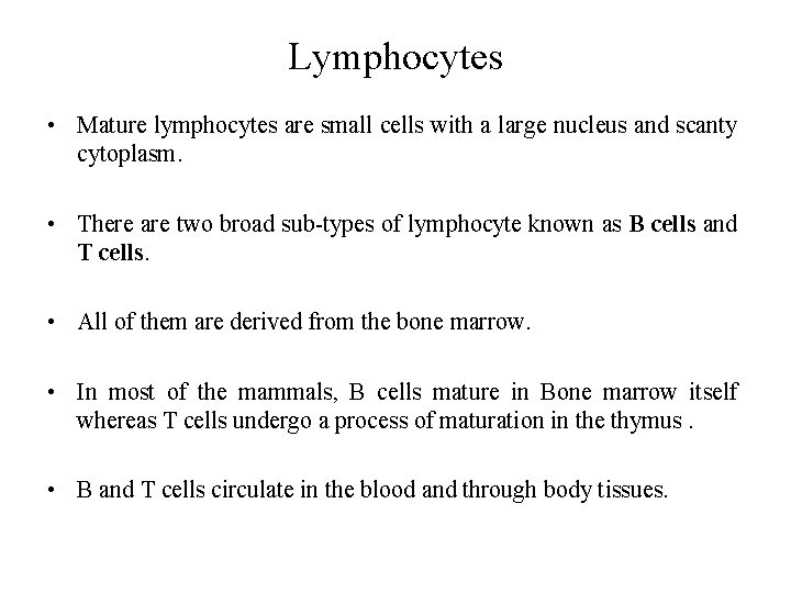 Lymphocytes • Mature lymphocytes are small cells with a large nucleus and scanty cytoplasm.