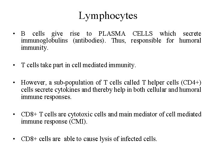 Lymphocytes • B cells give rise to PLASMA CELLS which secrete immunoglobulins (antibodies). Thus,