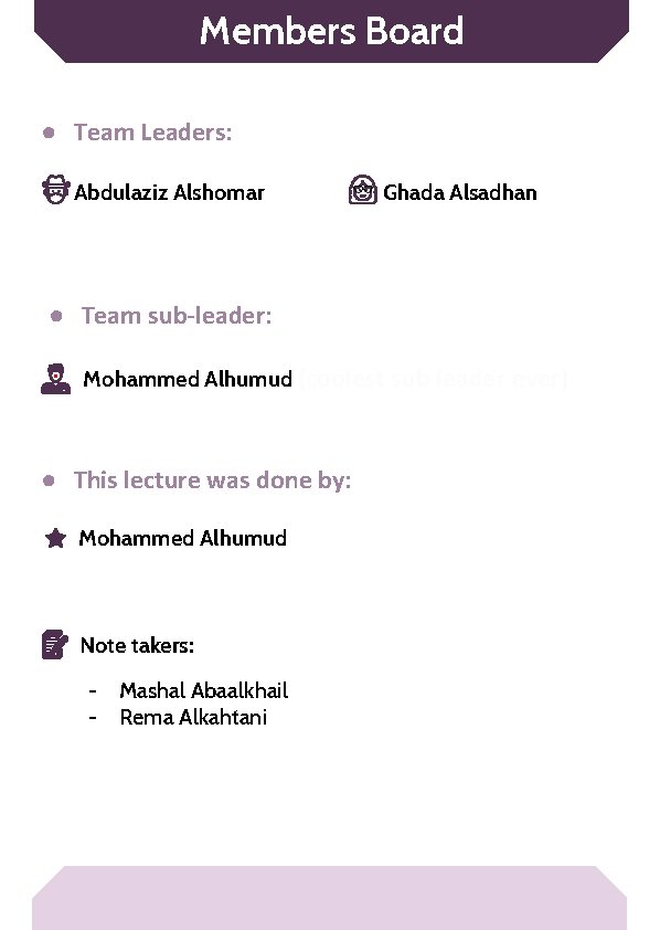 Members Board ● Team Leaders: Abdulaziz Alshomar Ghada Alsadhan ● Team sub-leader: Mohammed Alhumud