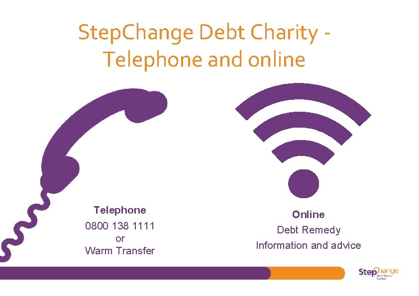 Step. Change Debt Charity Telephone and online Telephone 0800 138 1111 or Warm Transfer