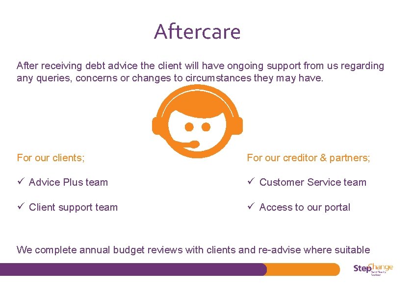 Aftercare After receiving debt advice the client will have ongoing support from us regarding