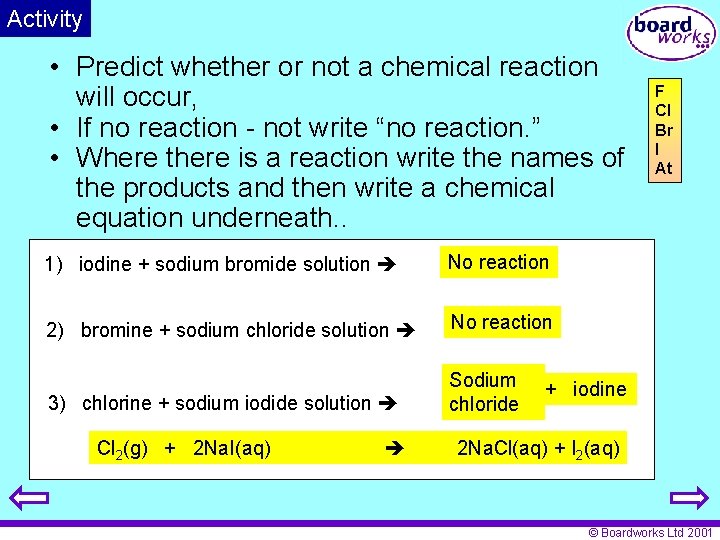Activity • Predict whether or not a chemical reaction will occur, • If no