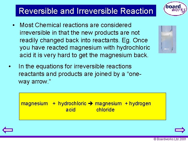 Reversible and Irreversible Reaction • Most Chemical reactions are considered irreversible in that the
