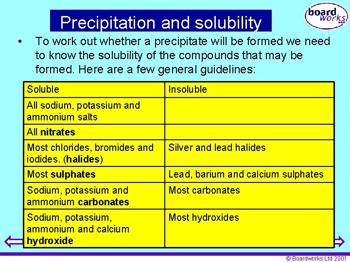Precipitation and solubility • To work out whether a precipitate will be formed we
