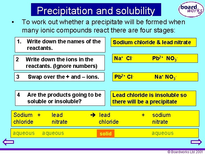 Precipitation and solubility • To work out whether a precipitate will be formed when