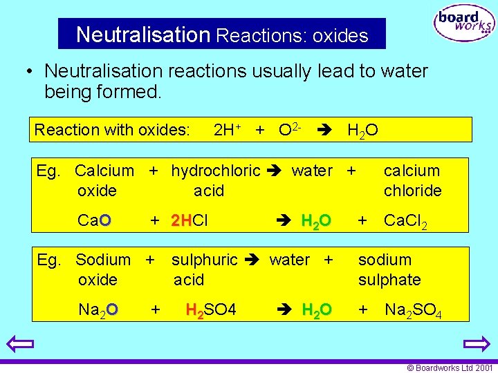 Neutralisation Reactions: oxides • Neutralisation reactions usually lead to water being formed. Reaction with
