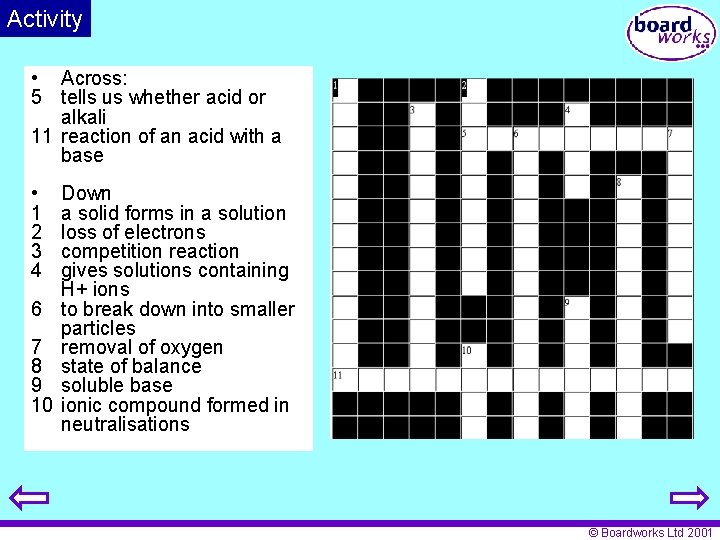 Activity • Across: 5 tells us whether acid or alkali 11 reaction of an