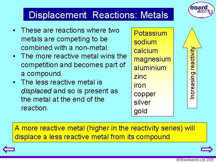  • These are reactions where two metals are competing to be combined with