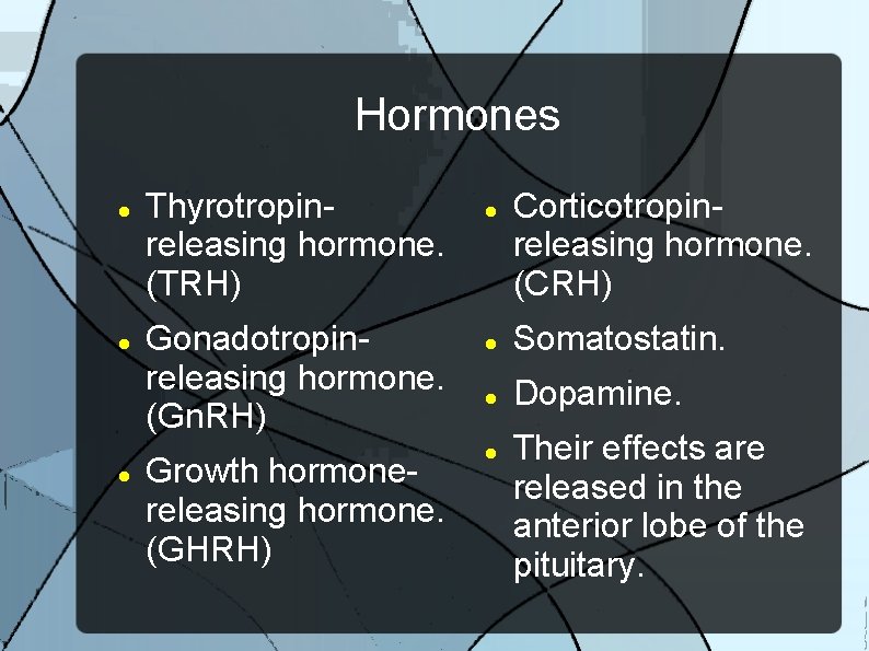 Hormones Thyrotropinreleasing hormone. (TRH) Gonadotropinreleasing hormone. (Gn. RH) Growth hormonereleasing hormone. (GHRH) Corticotropinreleasing hormone.