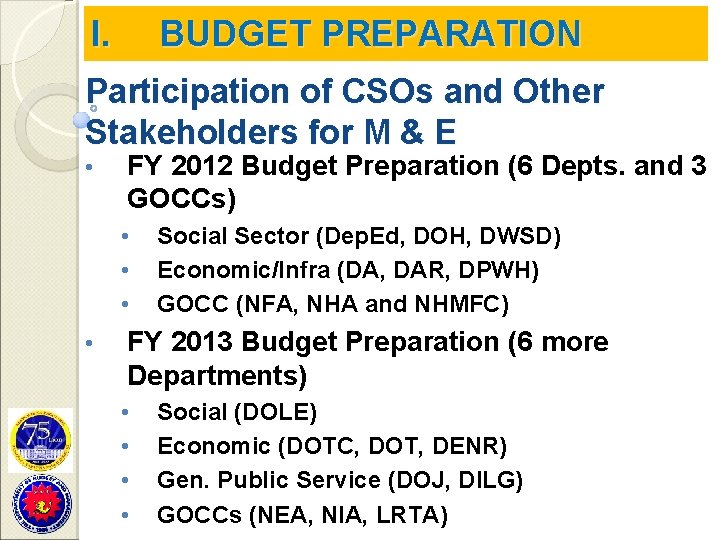 I. BUDGET PREPARATION Participation of CSOs and Other Stakeholders for M & E •