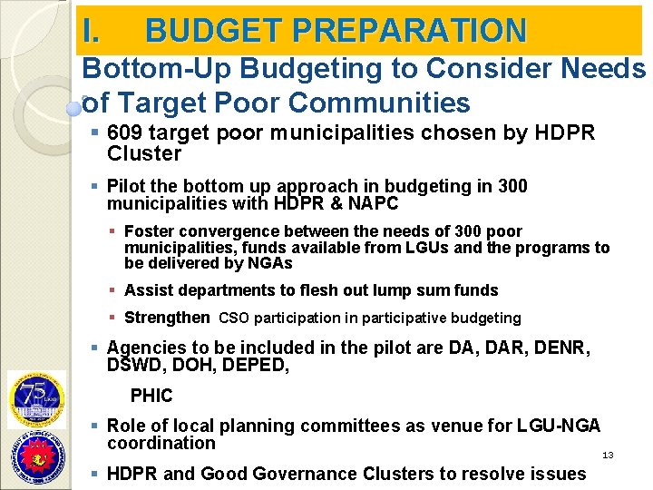 I. BUDGET PREPARATION Bottom-Up Budgeting to Consider Needs of Target Poor Communities § 609