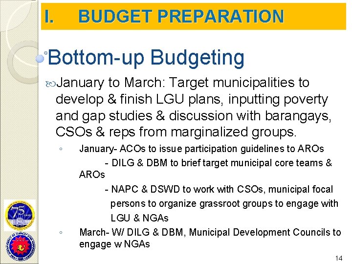 I. BUDGET PREPARATION Bottom-up Budgeting January to March: Target municipalities to develop & finish