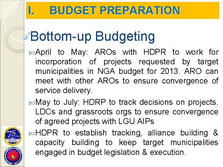 I. BUDGET PREPARATION Bottom-up Budgeting April to May: AROs with HDPR to work for