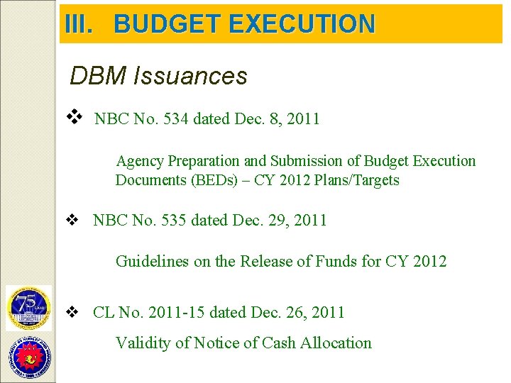 III. BUDGET EXECUTION DBM Issuances v NBC No. 534 dated Dec. 8, 2011 Agency