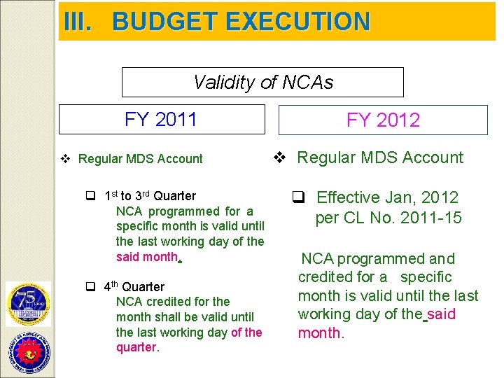 III. BUDGET EXECUTION Validity of NCAs FY 2011 v Regular MDS Account q 1