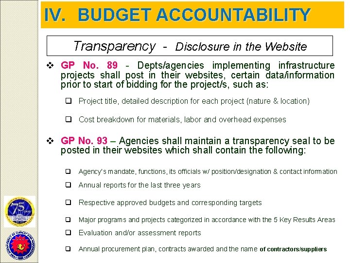 IV. BUDGET ACCOUNTABILITY Transparency - Disclosure in the Website v GP No. 89 -