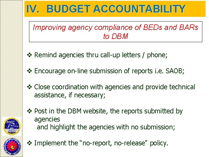 IV. BUDGET ACCOUNTABILITY Improving agency compliance of BEDs and BARs to DBM v Remind