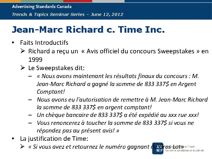 Trends & Topics Seminar Series – June 12, 2012 Jean-Marc Richard c. Time Inc.