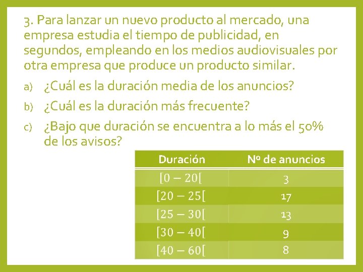 3. Para lanzar un nuevo producto al mercado, una empresa estudia el tiempo de