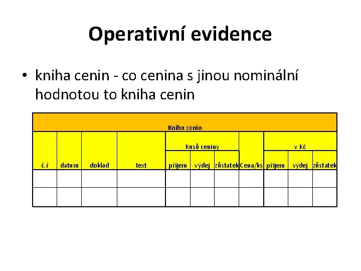 Operativní evidence • kniha cenin - co cenina s jinou nominální hodnotou to kniha