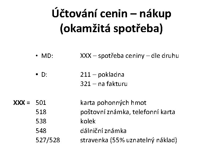 Účtování cenin – nákup (okamžitá spotřeba) • MD: XXX – spotřeba ceniny – dle