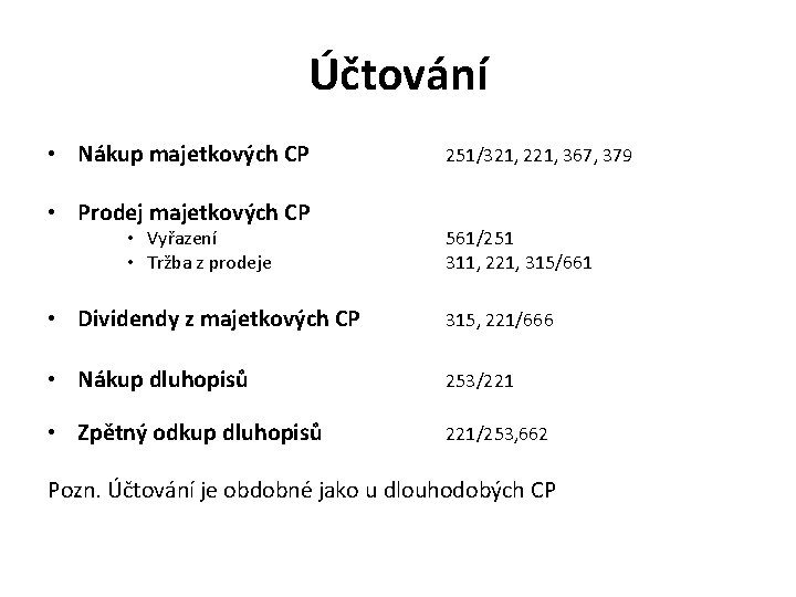 Účtování • Nákup majetkových CP • Prodej majetkových CP • Vyřazení • Tržba z