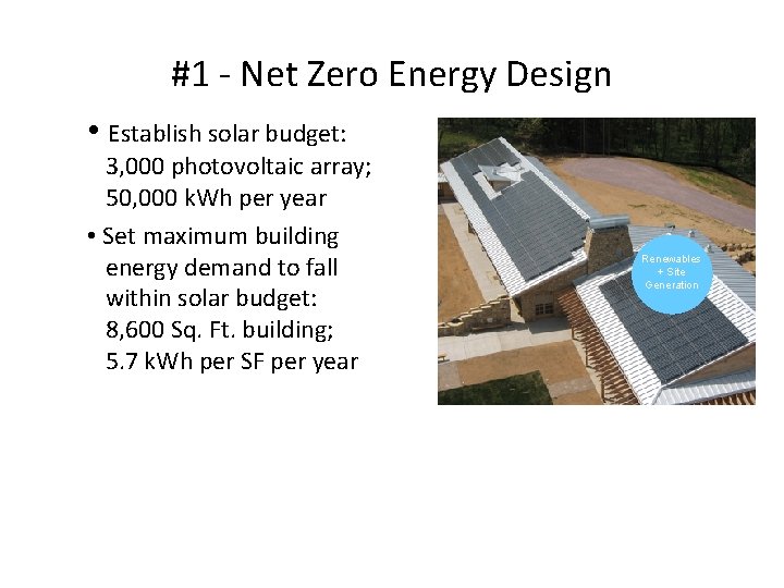 #1 - Net Zero Energy Design • Establish solar budget: 3, 000 photovoltaic array;
