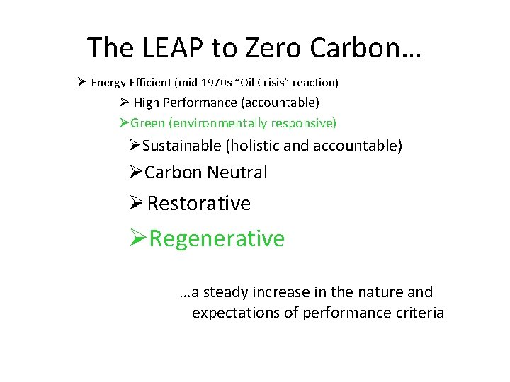 The LEAP to Zero Carbon… Ø Energy Efficient (mid 1970 s “Oil Crisis” reaction)