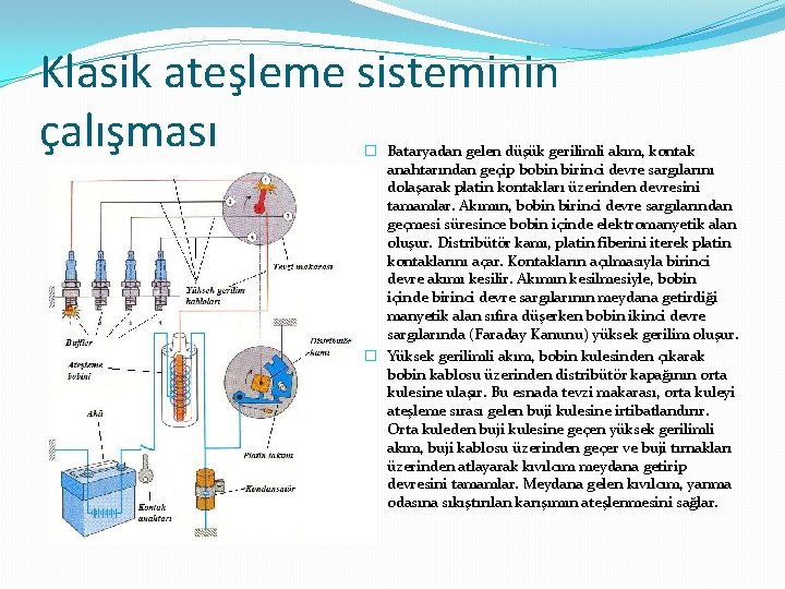 Klasik ateşleme sisteminin çalışması � Bataryadan gelen düşük gerilimli akım, kontak anahtarından geçip bobin