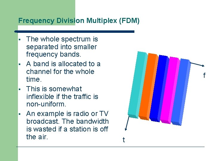 Frequency Division Multiplex (FDM) § § The whole spectrum is separated into smaller frequency