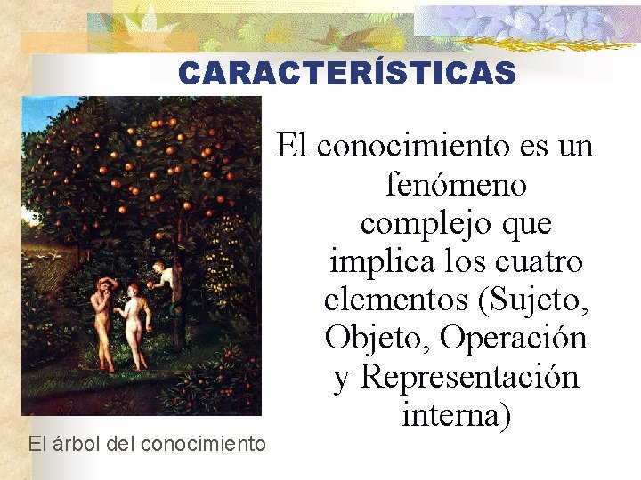 CARACTERÍSTICAS El árbol del conocimiento El conocimiento es un fenómeno complejo que implica los