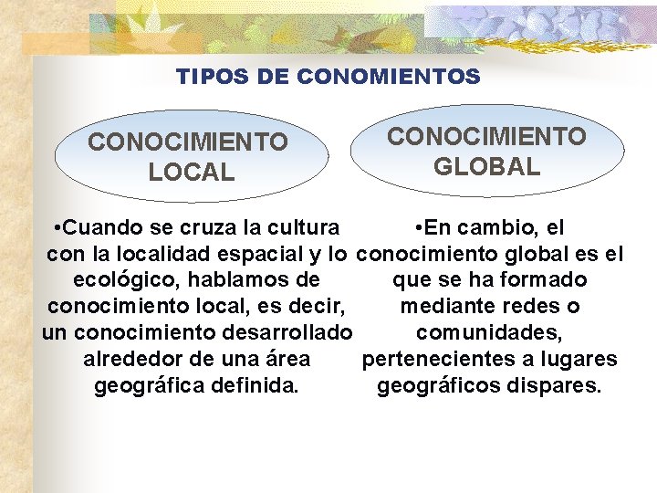 TIPOS DE CONOMIENTOS CONOCIMIENTO LOCAL CONOCIMIENTO GLOBAL • Cuando se cruza la cultura •