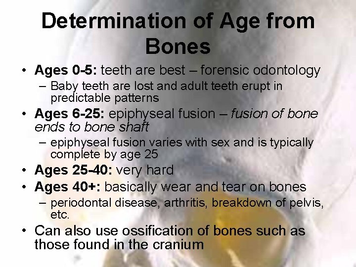 Determination of Age from Bones • Ages 0 -5: teeth are best – forensic