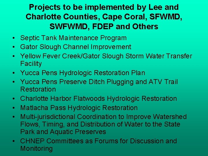 Projects to be implemented by Lee and Charlotte Counties, Cape Coral, SFWMD, SWFWMD, FDEP