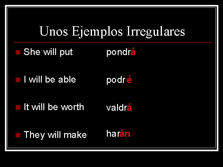 Unos Ejemplos Irregulares n She will put pondrá n I will be able podr