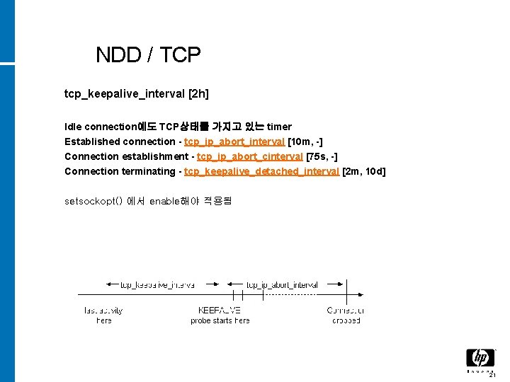 NDD / TCP tcp_keepalive_interval [2 h] Idle connection에도 TCP상태를 가지고 있는 timer Established connection