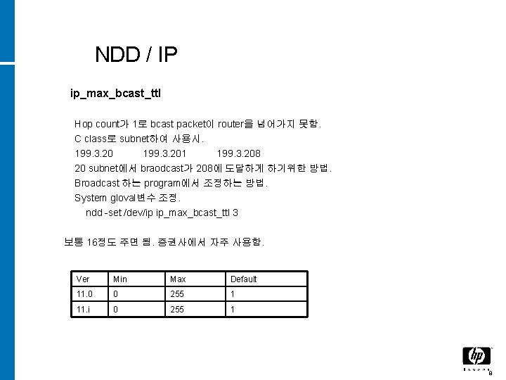 NDD / IP ip_max_bcast_ttl Hop count가 1로 bcast packet이 router을 넘어가지 못함. C class로