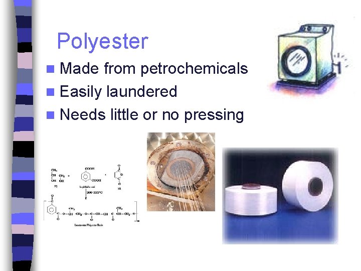 Polyester n Made from petrochemicals n Easily laundered n Needs little or no pressing