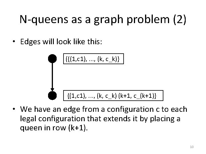 N-queens as a graph problem (2) • Edges will look like this: ({(1, c